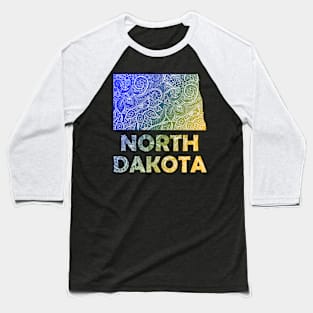 Colorful mandala art map of North Dakota with text in blue and yellow Baseball T-Shirt